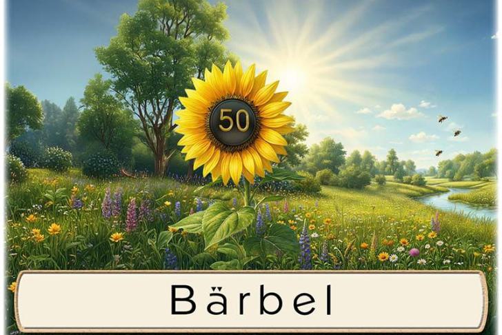 Die Tischkarte zur Goldenen Hochzeit als kleine Klappkarte mit der Zahl 50 in einer Sonnenblume