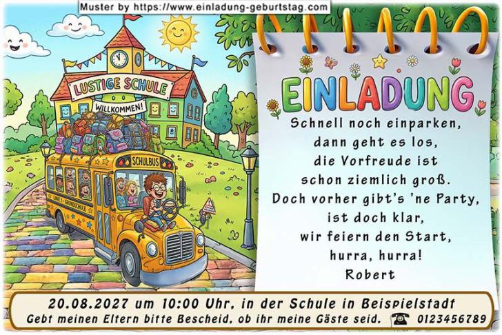 Die ausgefallene Einladung zur Einschulung - ein Kind sitzt vorn auf der Motorhaube und lenkt den Bus zur lustigen Schule.