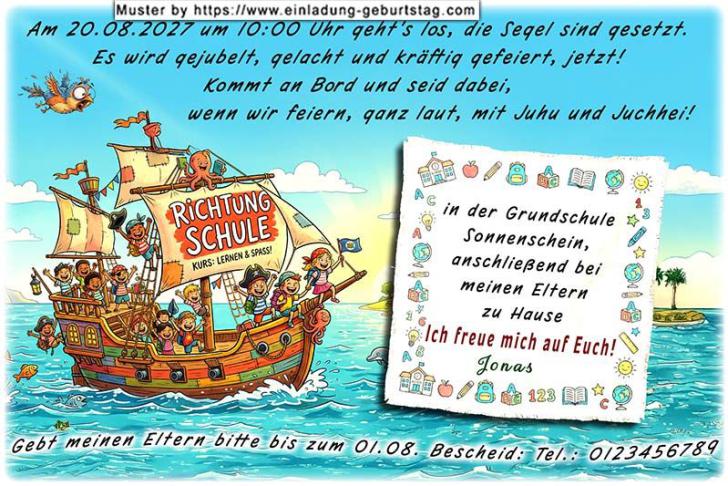 Die ausgefallene Einladung zur Einschulung - ein kleines lustiges Piratenschiff voller Kinder auf dem Weg Richtung Schule. Die Segel sind gesetzt.