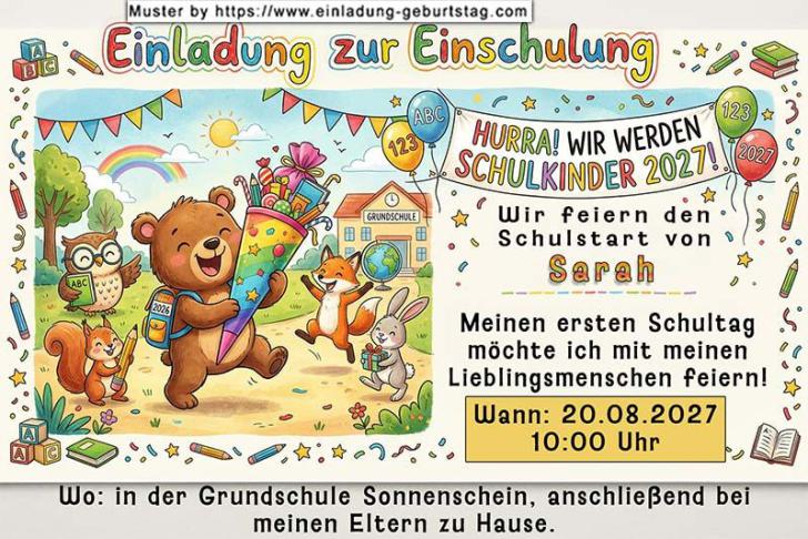 Die ausgefallene Einladung zur Einschulung - ein kleiner Teddybär mit einer Schultüte auf dem Weg in Richtung Schule.