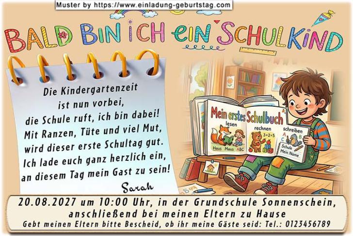 Die ausgefallene Einladung zur Einschulung - Na endlich, mein erstes Schulbuch. Ein Kind sitzt auf der Bank und hält freudestrahlend seine ersten Schulbücher in der Hand.
