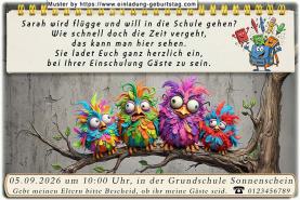 Die ausgefallene Einladung zur Einschulung - Einige lustige Vögel unterhalten sich: Ihr Kind wird nun flügge und möchte in die Schule gehen.