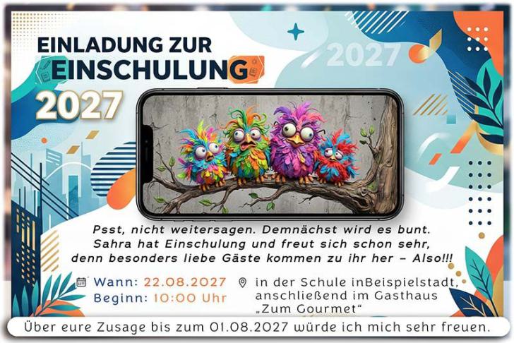Die ausgefallene Einladung zur Einschulung - Einige lustige Vögel unterhalten sich: Ihr Kind wird nun flügge und möchte in die Schule gehen.