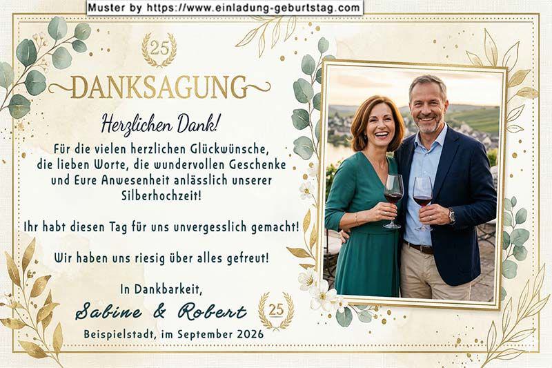 Die Danksagung zur Silberhochzeit - Ihr Foto wird leicht schräg gestellt von einer dekorativen Umrandung umgeben rechts in die Danksagungskarte eingesetzt.