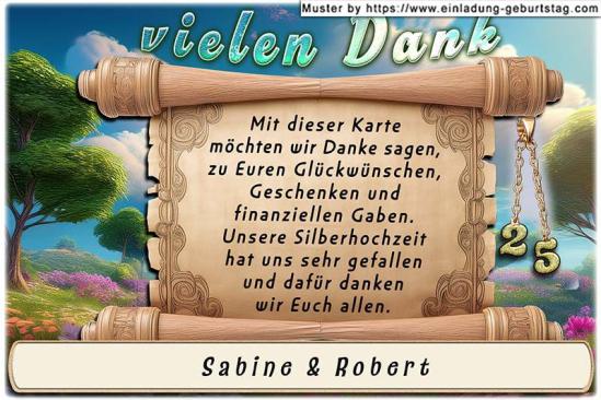 Die Danksagung zur Silberhochzeit - eine nostalgische Schriftrolle vor einer Landschaft mit Bäumen dient zur Aufnahme Ihres Danksagungstextes.