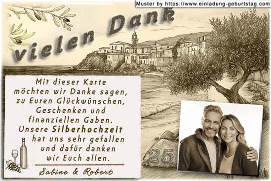 Die Danksagung zur Silberhochzeit - Ihr Foto wird mit einer Sepia Farbüberlagerung versehen und in eine mediterrane Karte eingesetzt.
