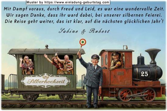 Die Danksagung zur Silberhochzeit - Eine rustikale Dampflok, auf der die Zahl 25 steht, zieht einen Waggon mit winkenden Gästen am Fenster.
