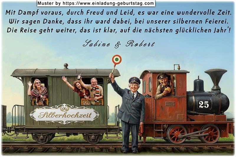 Die Danksagung zur Silberhochzeit - Eine rustikale Dampflok, auf der die Zahl 25 steht, zieht einen Waggon mit winkenden Gästen am Fenster.