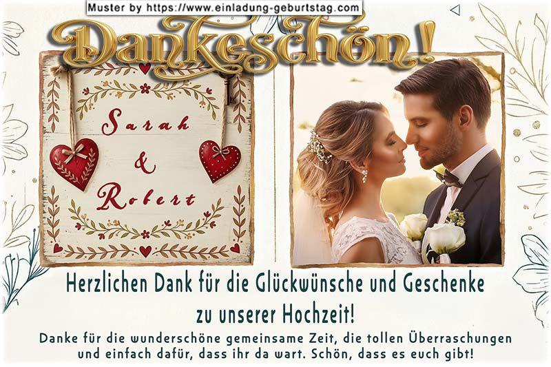 Die Dankeskarte zur Hochzeit - Ihr Foto wird auf der rechten Kartenseite quadratisch eingesetzt. Zwischen Zwei Herzen links daneben werden Ihre Namen gedruckt.