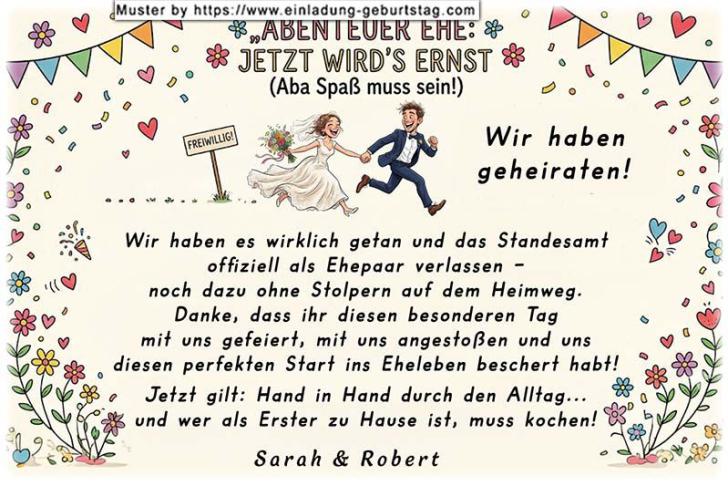 Die lustige Dankeskarte zur Hochzeit: Abenteuer Ehe - jetzt wird es Ernst!