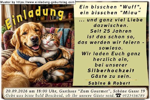 lustige Einladung Silberhochzeit - Hund & Katze