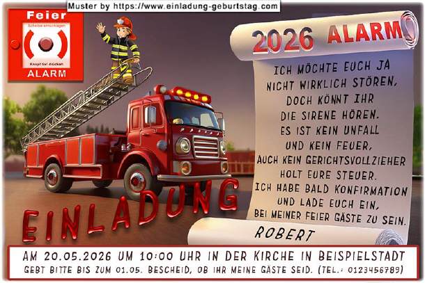 lustige Einladung Konfirmation - der Feieralarm
