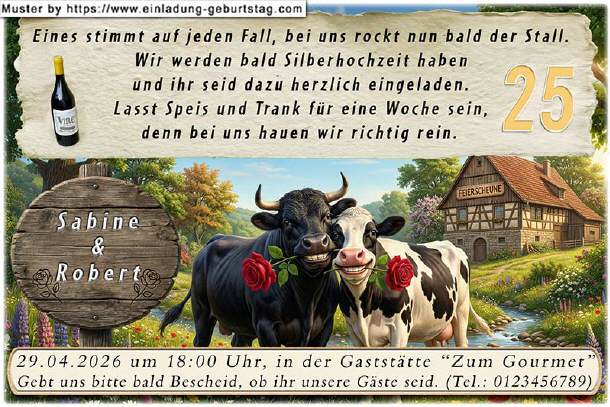 lustige Einladung Silberhochzeit - Kuh und Bulle