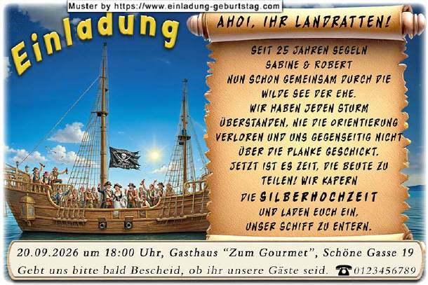 lustige Einladung Silberhochzeit - Piratenschiff