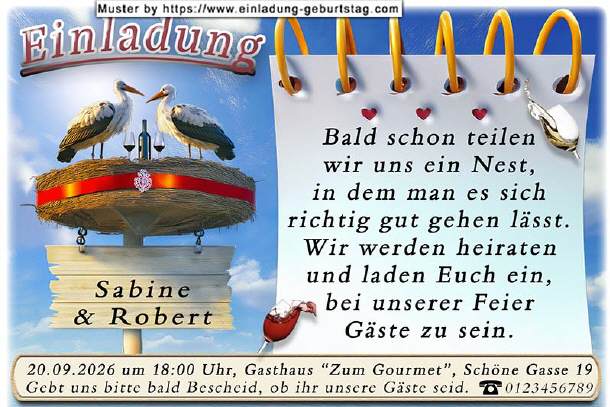 Hochzeitseinladung lustig - das Storchenpaar