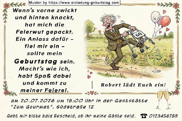 lustige Einladung Geburtstag - Mann am Rollator
